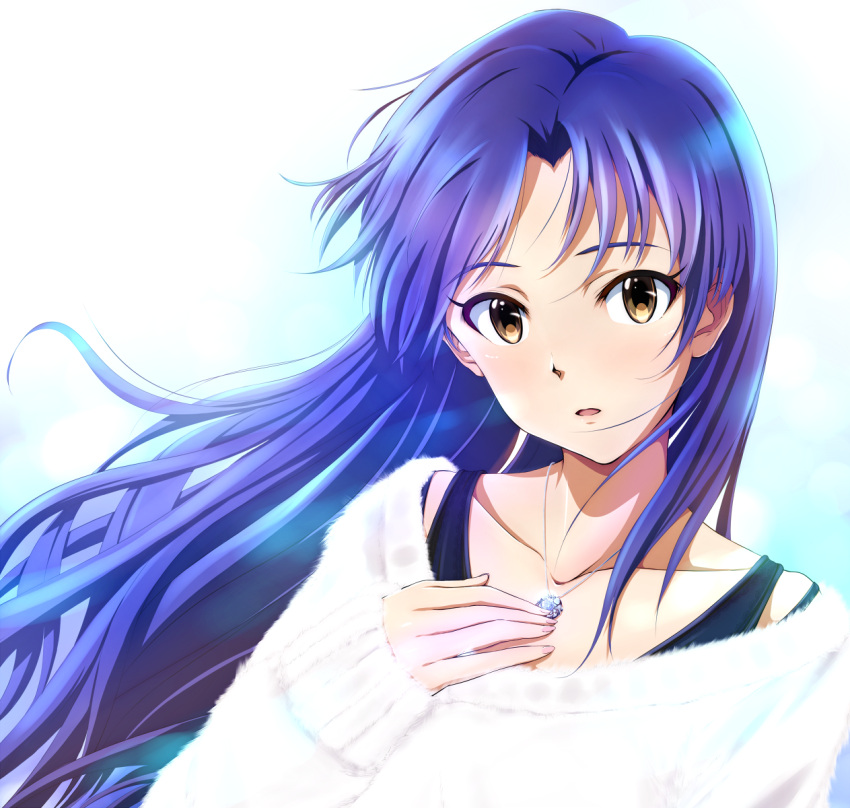 1girl, blue_hair, brown_eyes, highres, hina_(nicoseiga), idolmaster, jewelry, kisaragi_chihaya