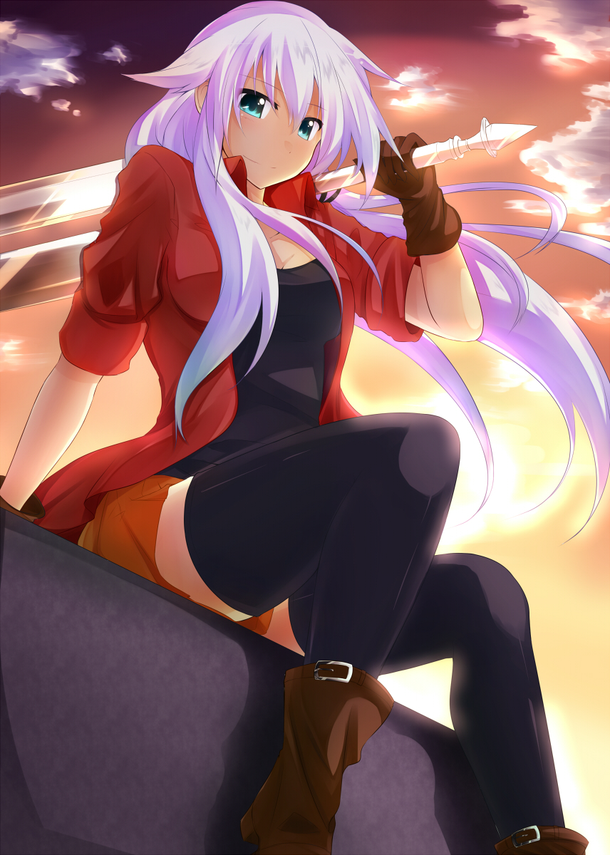 1girl, anceril_sacred, black_legwear, borrowed_character, breasts, female, green_eyes, highres