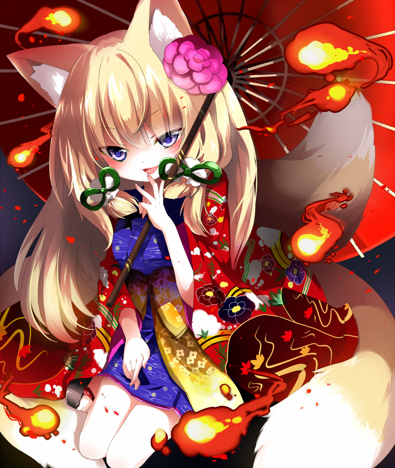 1girl, animal_ears, blonde_hair, blue_eyes, clog_sandals, emam_0201, flame, flower