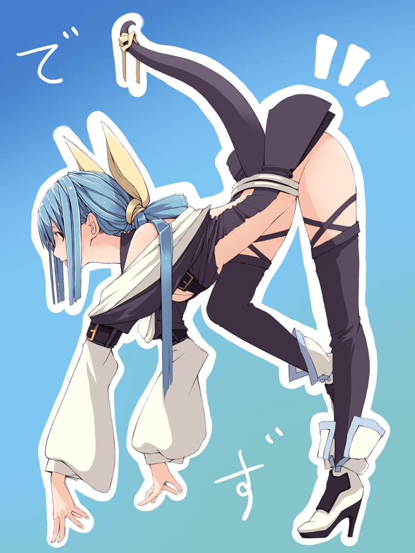 1girl, bendy, bent_over, blue_hair, dizzy, flexible, guilty_gear, high_ponytail