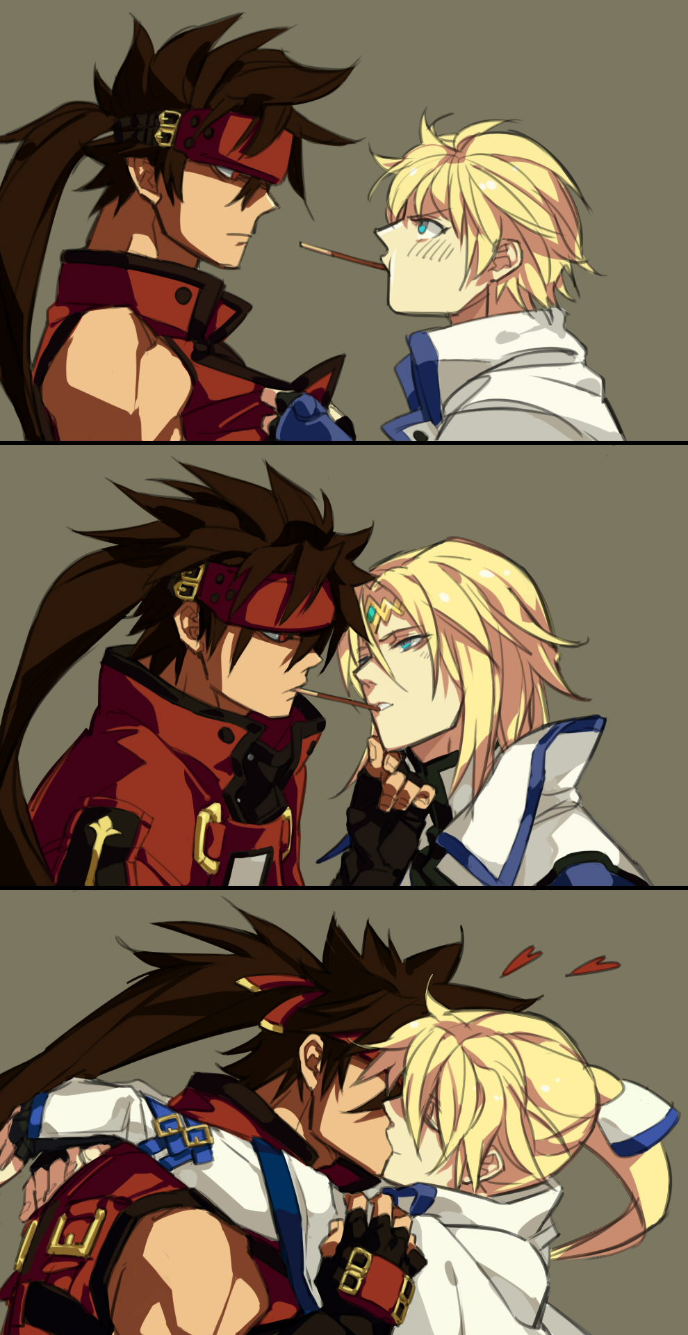 2boys, 3koma, alternate_hair_length, alternate_hairstyle, blonde_hair, blue_eyes, blush, brown_hair