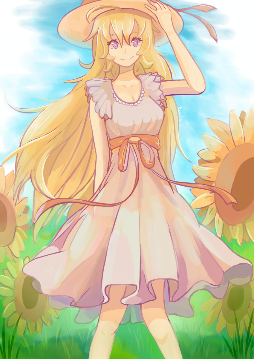1girl, ahoge, akashasi, blonde_hair, dress, field, flower, grass