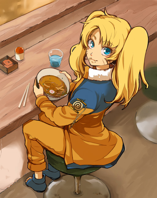 blonde_hair, blue_eyes, chopsticks, food, fushitasu, genderswap, long_hair, looking_back
