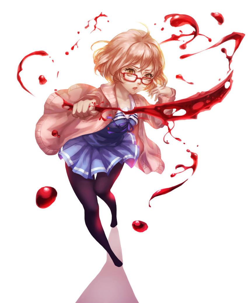 1girl, blonde_hair, glasses, highres, kuriyama_mirai, kyoukai_no_kanata, skirt, solo, sword, weapon, wff_87_(xuan_qing)