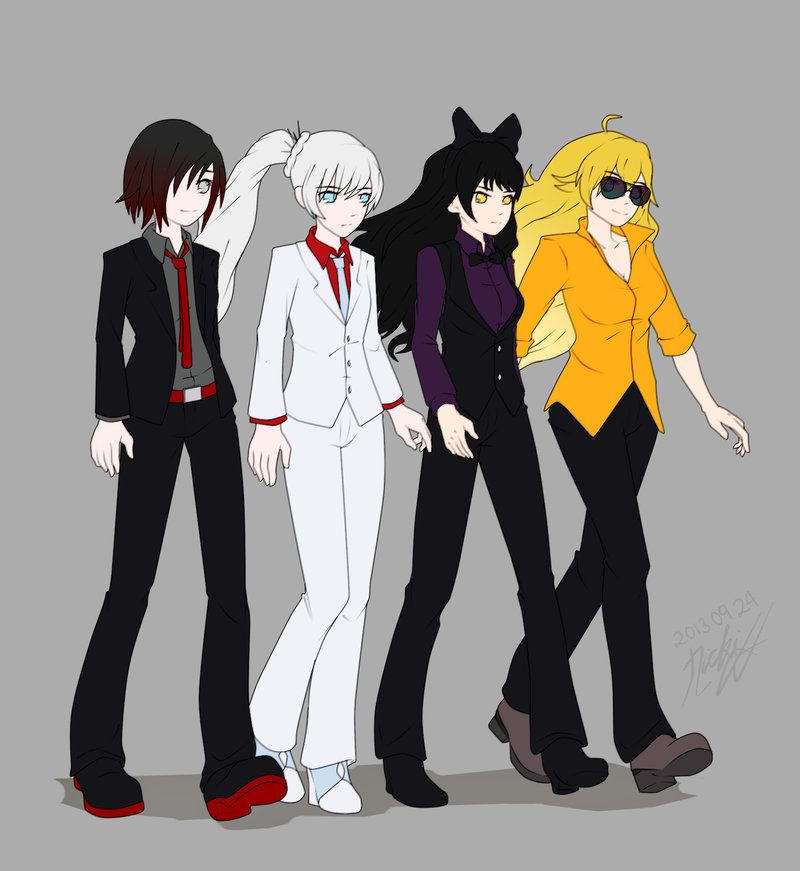 4girls, ahoge, alternate_costume, black_hair, black_suit, blake_belladonna, blonde_hair, blue_eyes