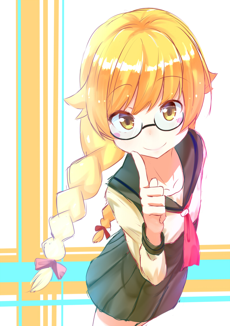 1girl, bakemonogatari, bespectacled, blonde_hair, blush_stickers, braid, finger_to_face, glasses, mikawaya, monogatari_(series), oshino_shinobu, school_uniform, smile, twin_braids, yellow_eyes