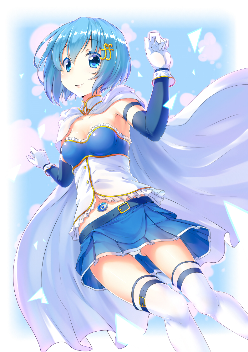 1girl, armband, blue_eyes, blue_hair, cape, gloves, hair_ornament, hairclip, magical_girl, mahou_shoujo_madoka_magica, mahou_shoujo_madoka_magica_movie, midriff, mikawaya, miki_sayaka, navel, panties, pantyshot, short_hair, smile, solo, soul_gem, thighhighs, underwear, white_panties, zettai_ryouiki