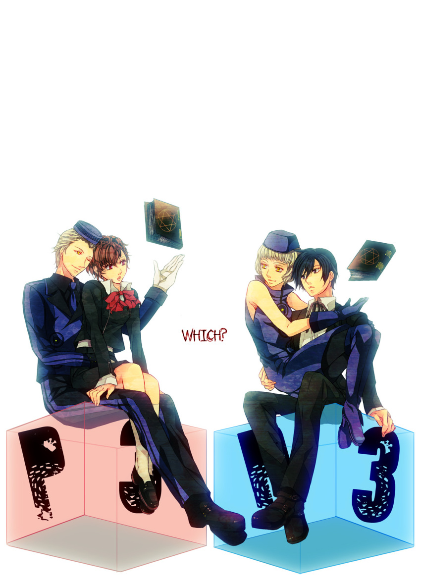 bare_shoulders, blue_hair, book, boots, bow, brown_hair, couple, cube