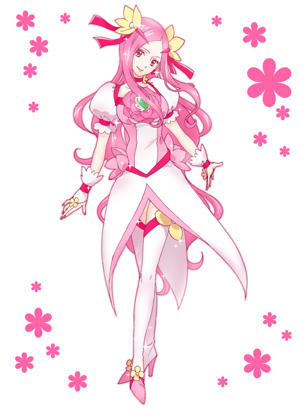 1girl, boots, chimu_(chimoon), choker, cure_flower, dress, earrings, flower