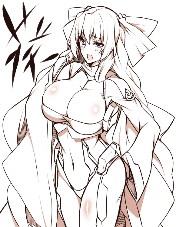 1girl, :d, aoi_kimi, blush, bodysuit, breasts, cleavage, clothed_navel