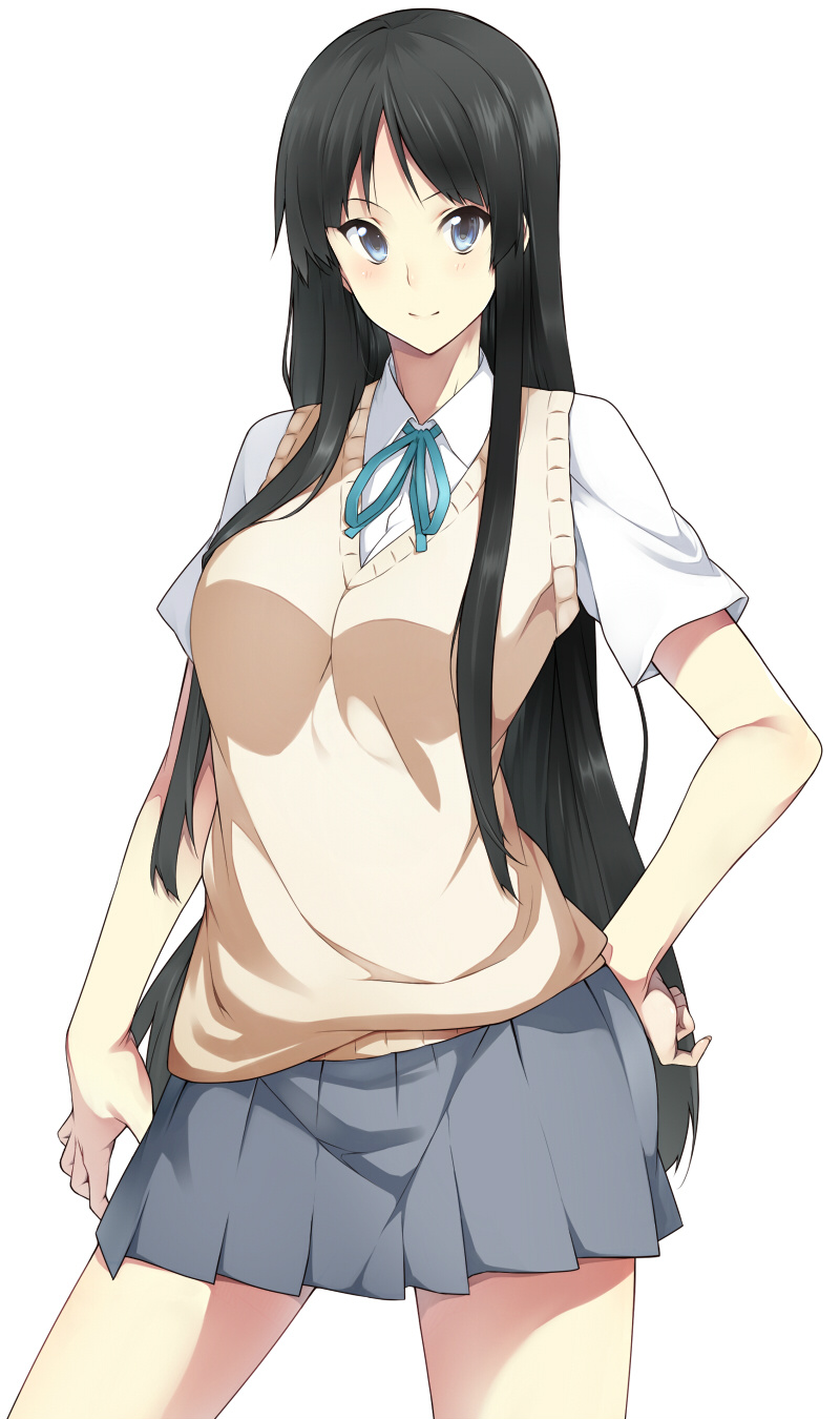 1girl, akiyama_mio, black_hair, blue_eyes, blush, breasts, hand_on_hip, highres, k-on!, long_hair, nanao, ribbon, school_uniform, short_sleeves, skirt, smile, solo, sweater_vest