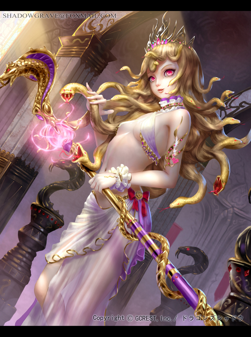 1girl, breasts, brown_hair, choker, dragon's_shadow, dress, dutch_angle, long_hair