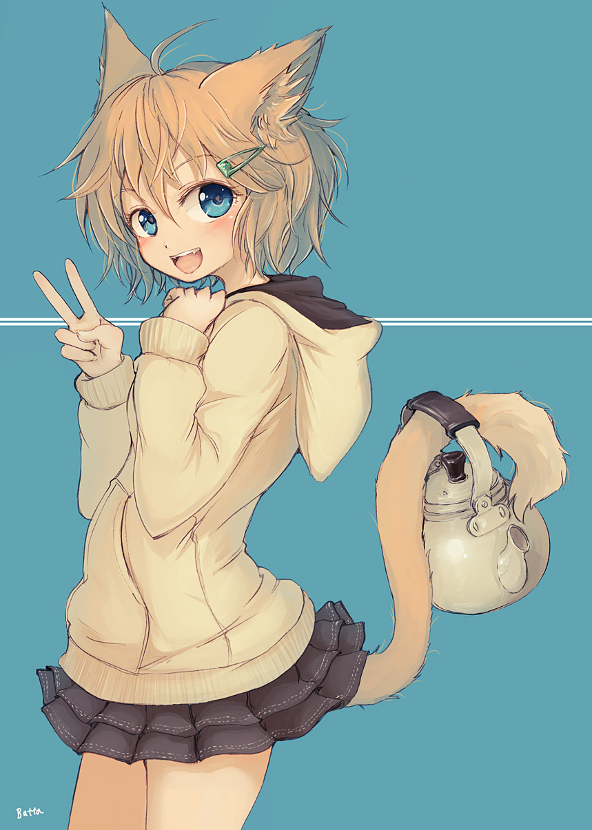 1girl, animal_ears, batta_(kanzume_quality), blonde_hair, blue_eyes, blush, cat_ears, cat_tail