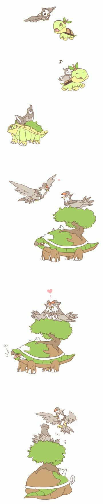 brown_eyes, closed_eyes, evolution, green_eyes, grotle, heart, highres, musical_note