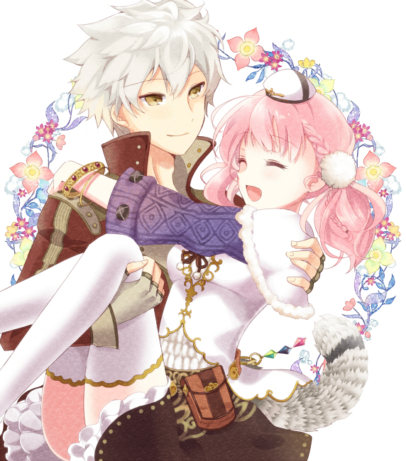 1boy, 1girl, atelier_(series), atelier_escha_&amp;_logy, bracelet, braid, carrying, closed_eyes