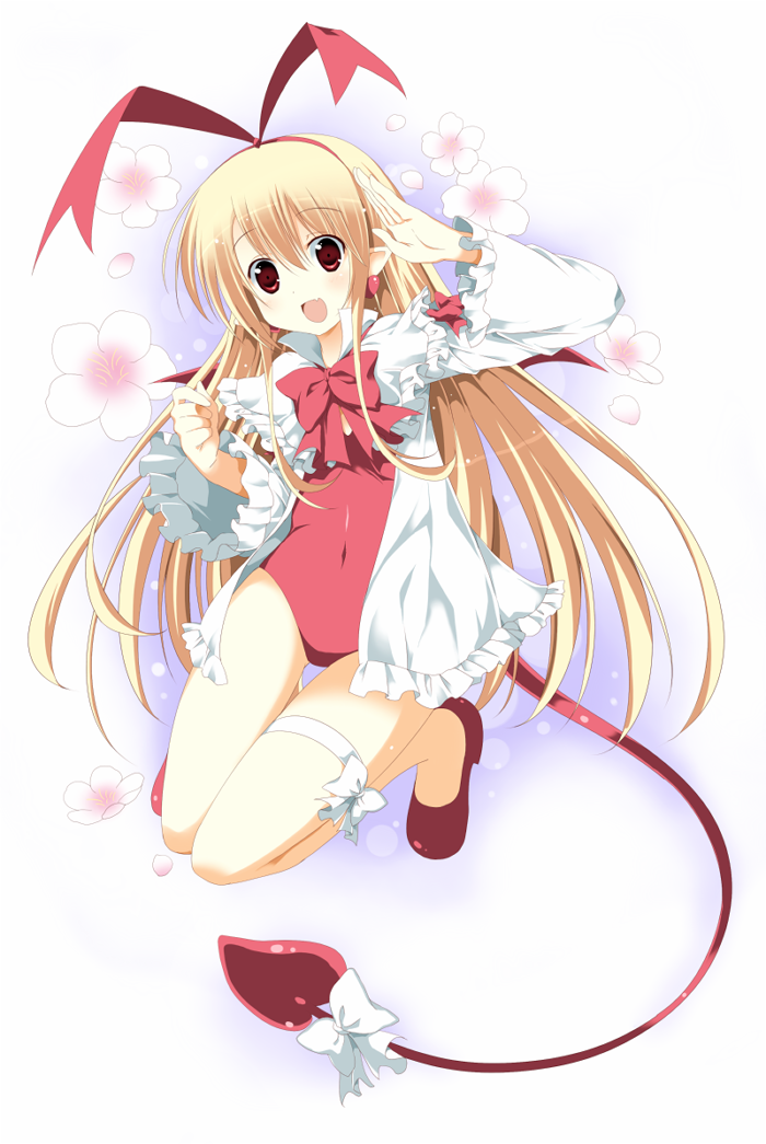 1girl, blonde_hair, bow, cherry_blossoms, clothed_navel, disgaea, earrings, flonne