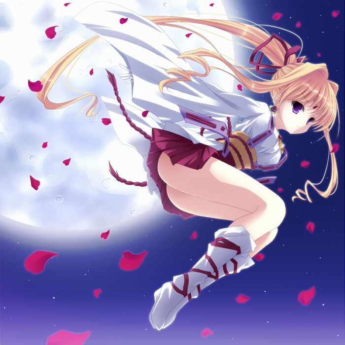 1girl, blonde_hair, boots, dress, earrings, full_moon, jewelry, kaitou_jeanne