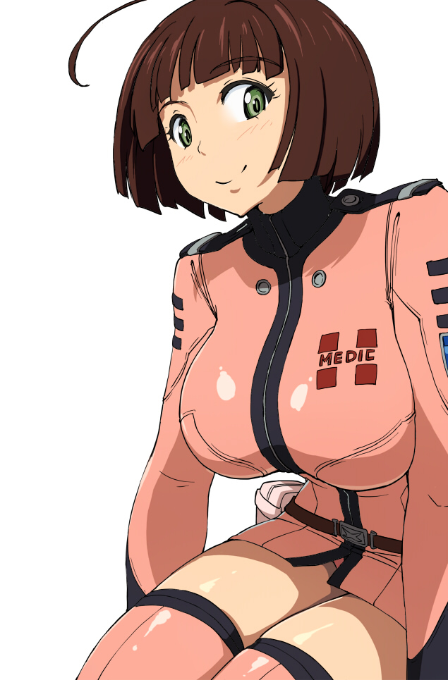 1girl, ahoge, belt, breasts, brown_hair, green_eyes, harada_makoto, large_breasts