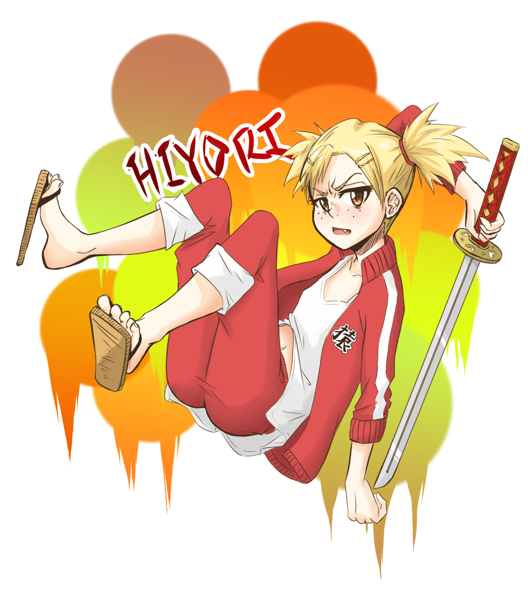 1girl, bleach, blonde_hair, character_name, fang, flat_chest, freckles, hair_ornament, hairclip, kamakachow, katana, orange_eyes, pants_rolled_up, sandals, sarugaki_hiyori, short_twintails, solo, sword, toes, track_suit, twintails, weapon