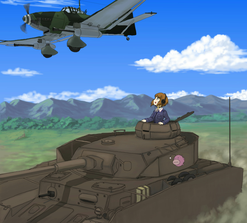 1girl, airplane, brown_eyes, brown_hair, clouds, girls_und_panzer, graphite_(medium), headphones, headset, highres, horizon, junkers_ju_87, looking_up, military, military_vehicle, mixed_media, mountain, nishizumi_miho, panzerkampfwagen_iv, profile, propeller, shiratama_(hockey), short_hair, sky, smile, tank, traditional_media, uniform, vehicle