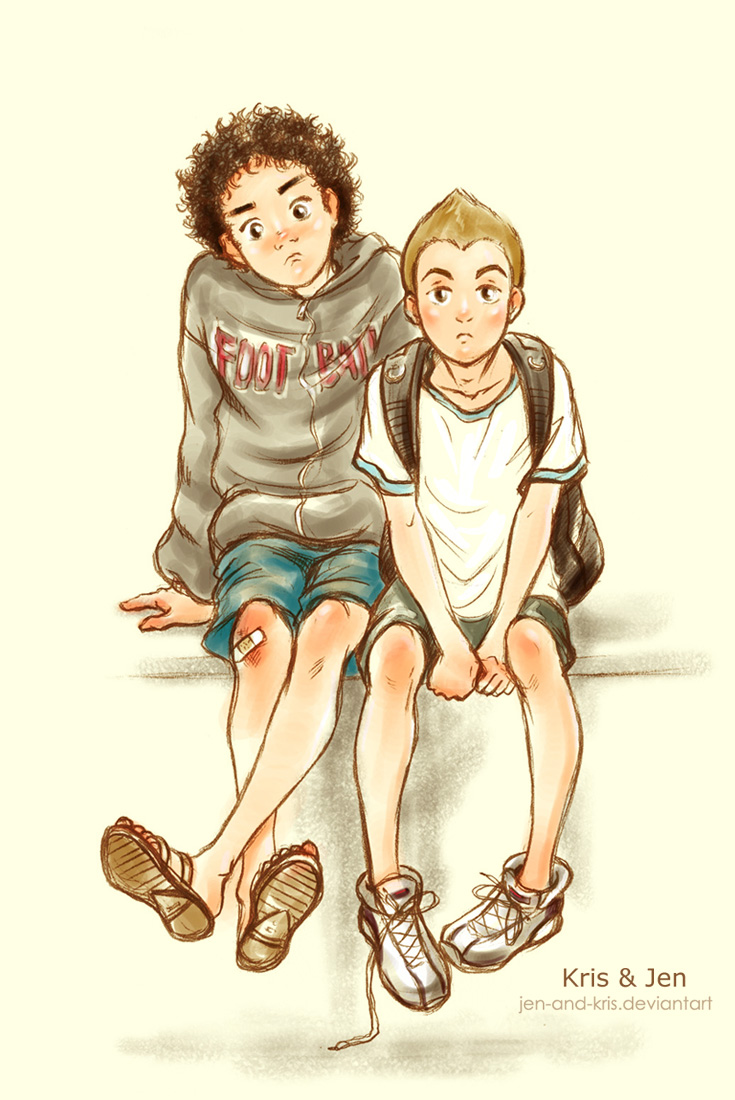 2boys, bandages, black_hair, blonde_hair, child, hoodie, injury, kris&amp;jen
