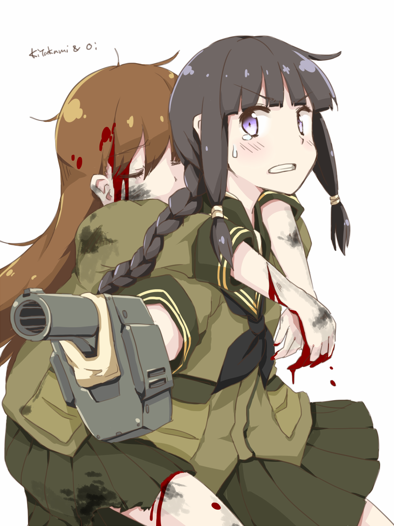 2girls, any_(lucky_denver_mint), bangs, black_hair, bleeding, blood, blood_on_fingers, blunt_bangs