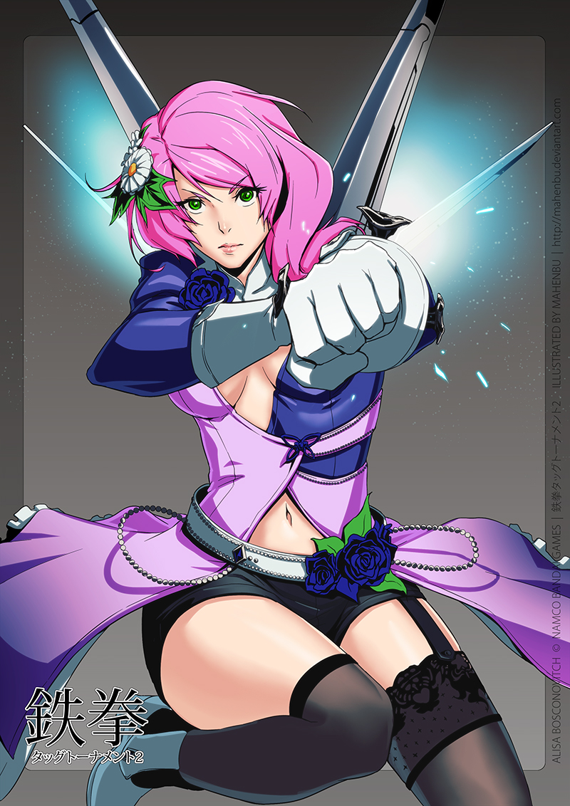 1girl, alisa_boskonovich, android, belt, black_legwear, breasts, flower, garter_straps