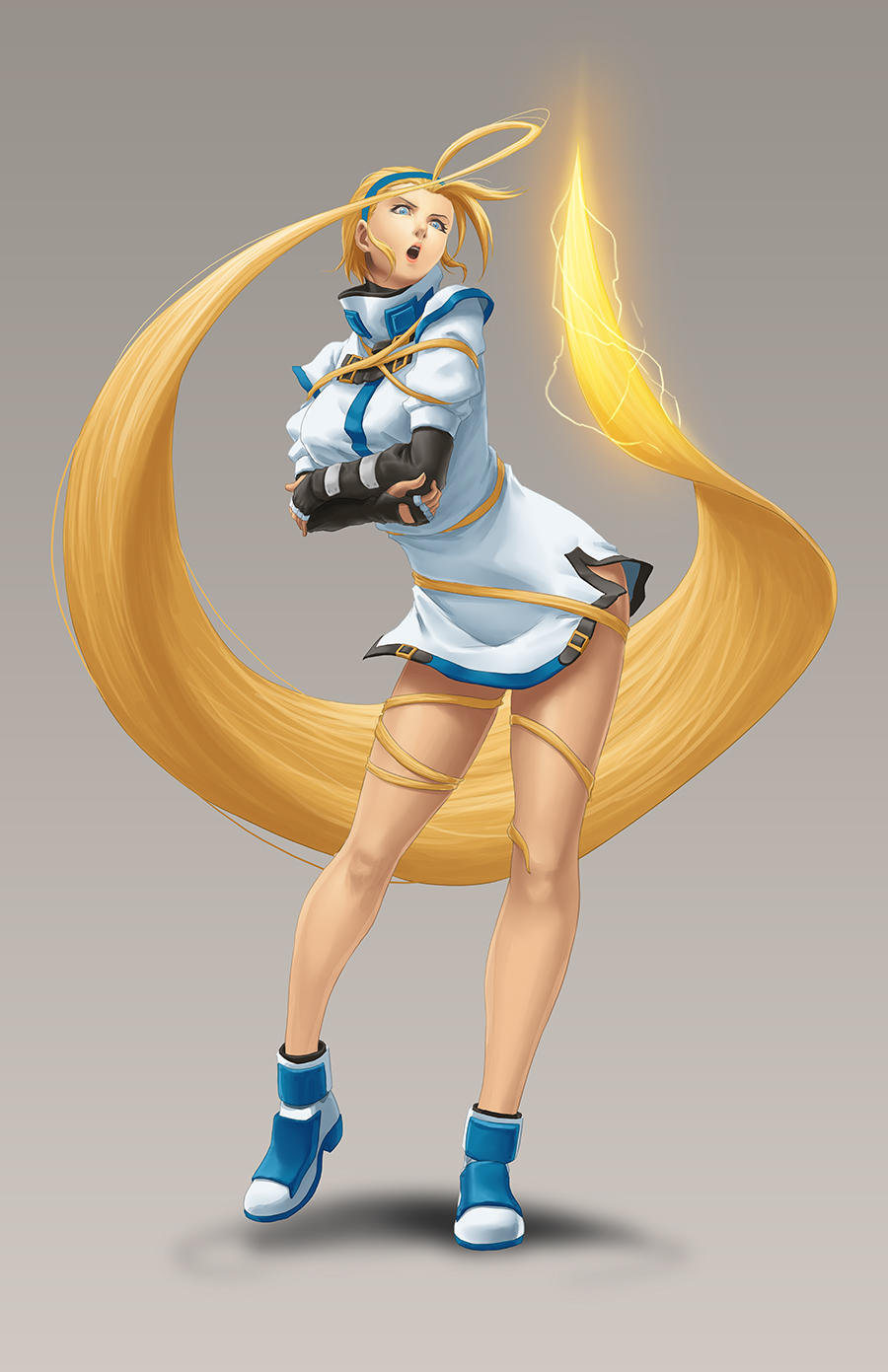 1girl, ahoge, blonde_hair, blue_eyes, breasts, crossed_arms, dress, elbow_gloves