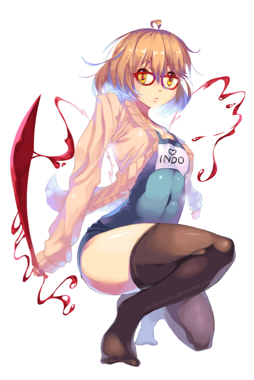 1girl, brown_hair, cardigan, ecchi_pantsu, glasses, highres, kuriyama_mirai, kyoukai_no_kanata, red-framed_glasses, school_swimsuit, short_hair, solo, swimsuit, sword, thighhighs, weapon, yellow_eyes