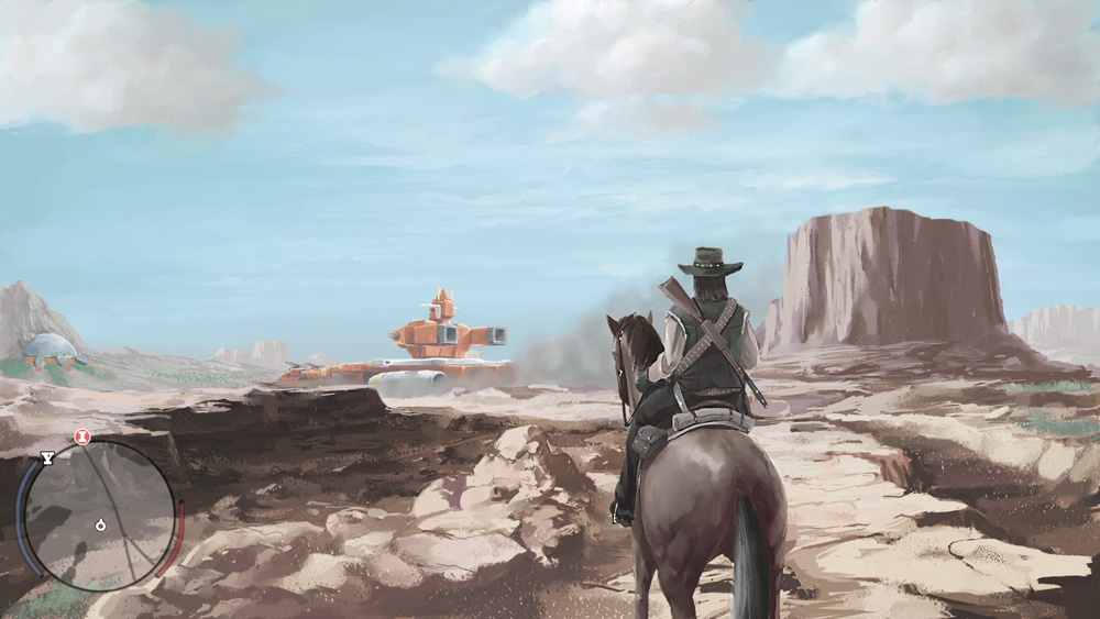 city, cowboy, crossover, desert, dome, dust, gun, hat