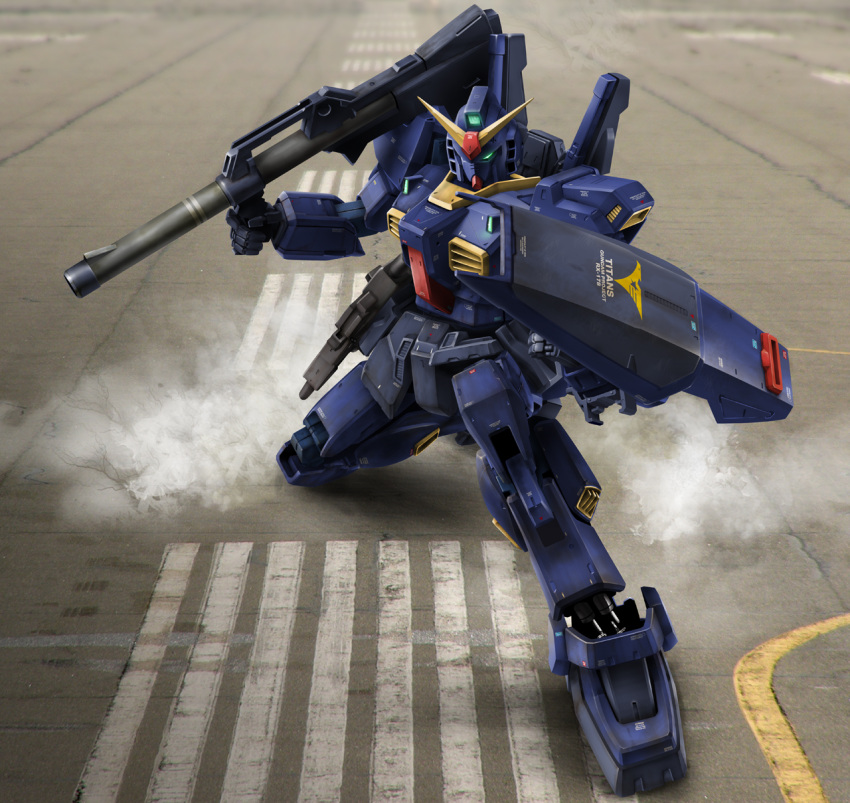 bazooka, beam_rifle, dias-tajima, dust, energy_gun, gundam, gundam_mk_ii, highres