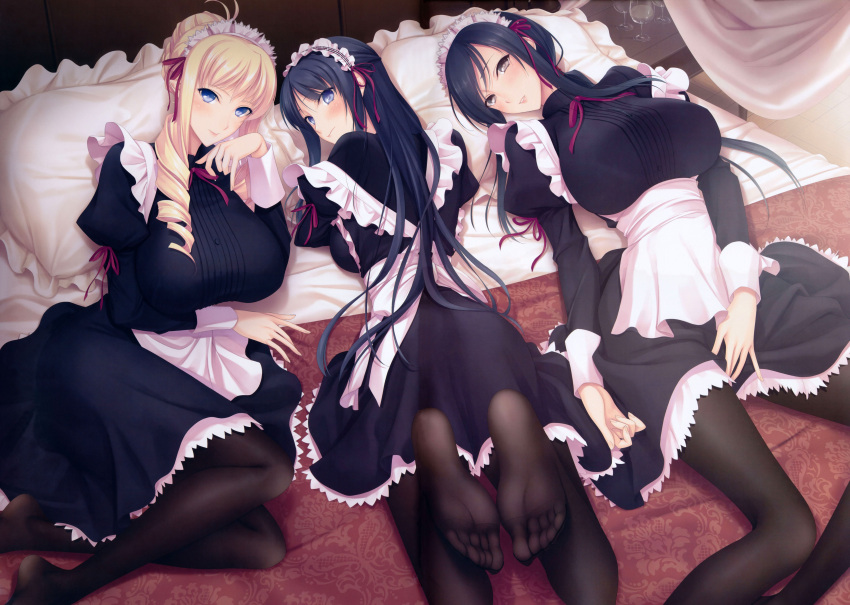 3girls, absurdres, antenna_hair, artist_request, bed, bertille_althusser, black_eyes, black_hair