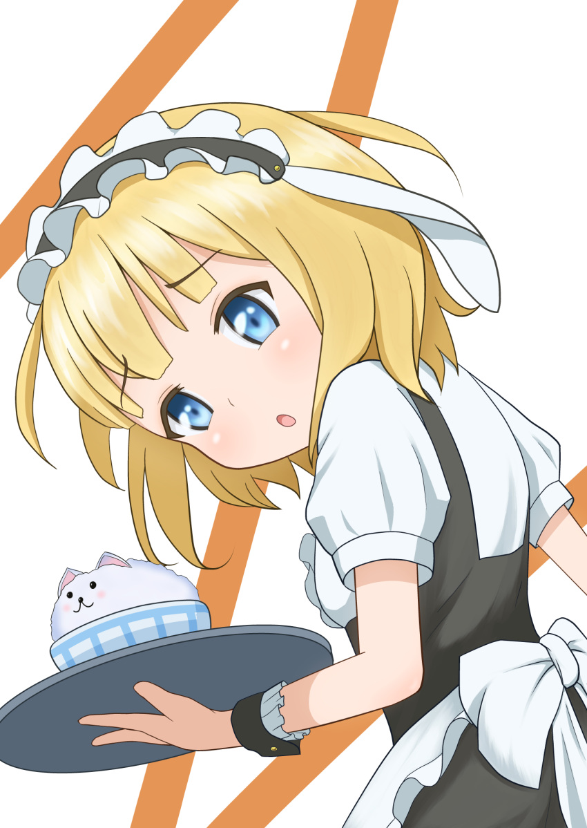 1girl, apron, ayuha_taito, blonde_hair, blue_eyes, gochuumon_wa_usagi_desuka?, highres, kirima_sharo, maid, maid_headdress, open_mouth, short_hair, solo, tray
