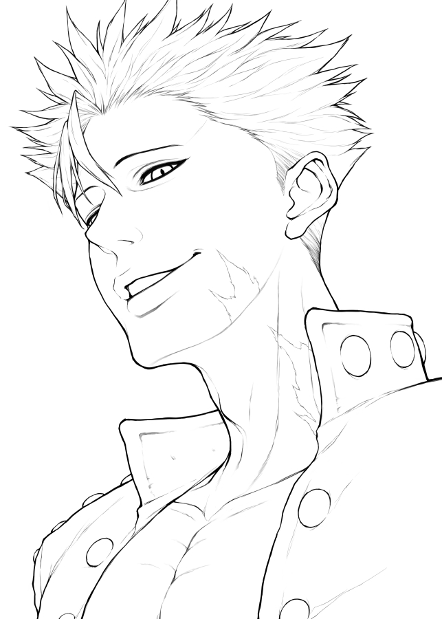 1boy, ban_(nanatsu_no_taizai), gamigamimissile, grin, leather, leather_jacket, looking_at_viewer, monochrome