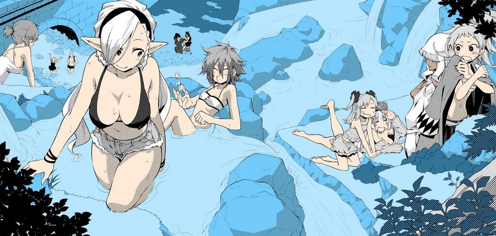 2boys, 6+girls, animal_ears, bikini, blush, chika_(log_horizon), dolce_(log_horizon), flagrant_olive, fox_ears, haori, hat, hisako_(log_horizon), isami_(log_horizon), japanese_clothes, kawara_(log_horizon), koyuki_(lh), kurinon_(log_horizon), kyouko_(log_horizon), long_hair, monochrome, multiple_boys, multiple_girls, nazuna_(log_horizon), ponytail, saliva, sandy_(log_horizon), sarashi, short_hair, soujirou_seta, swimsuit, water