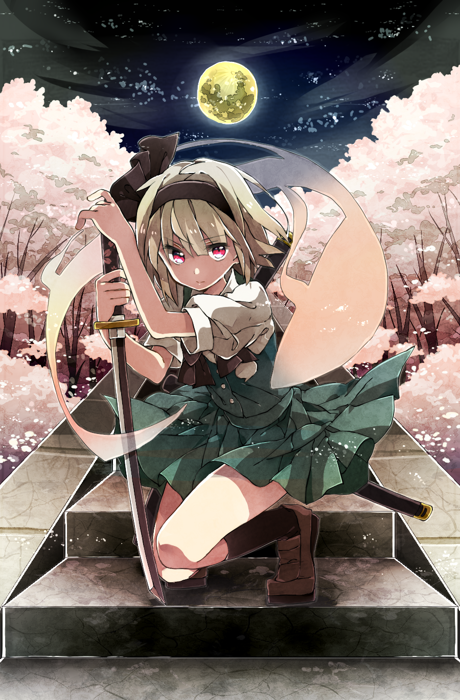 1girl, black_legwear, cherry_blossoms, full_moon, grey_hair, hairband, henki_(orange), highres