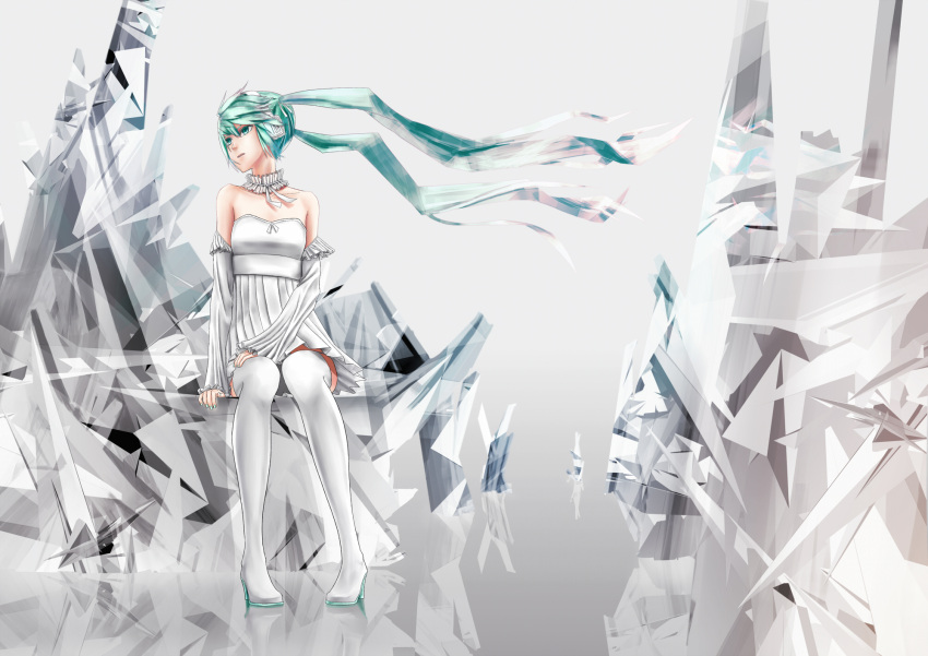 1girl, boots, detached_sleeves, floating_hair, green_eyes, green_hair, hatsune_miku, headphones
