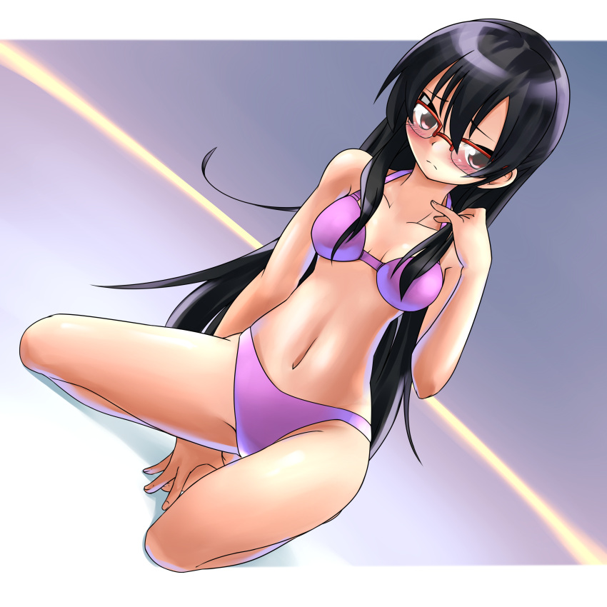 1girl, absurdres, bikini, black_hair, blush, brown_eyes, glasses, hajigaaru