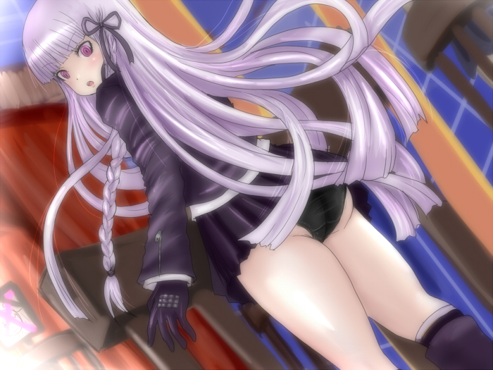1girl, ass, black_panties, dangan_ronpa, gloves, jacket, kirigiri_kyouko, long_hair