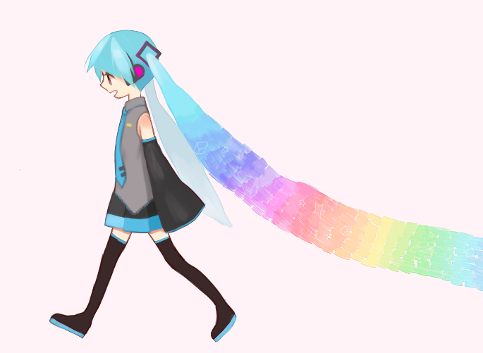 1girl, aqua_hair, detached_sleeves, gradient_hair, hatsune_miku, long_hair, mogggggge, multicolored_hair, necktie, rainbow, smile, solo, thighhighs, twintails, vocaloid