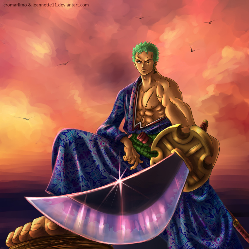 1boy, abs, absurdres, artist_name, bird, cloudy_sky, collaboration, colored