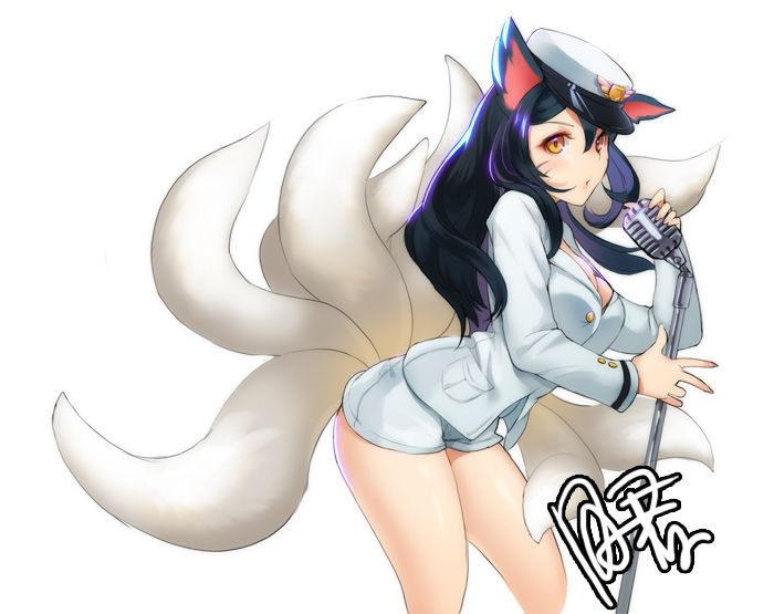 1girl, ahri, animal_ears, black_hair, breasts, cleavage, dakun, fox_ears