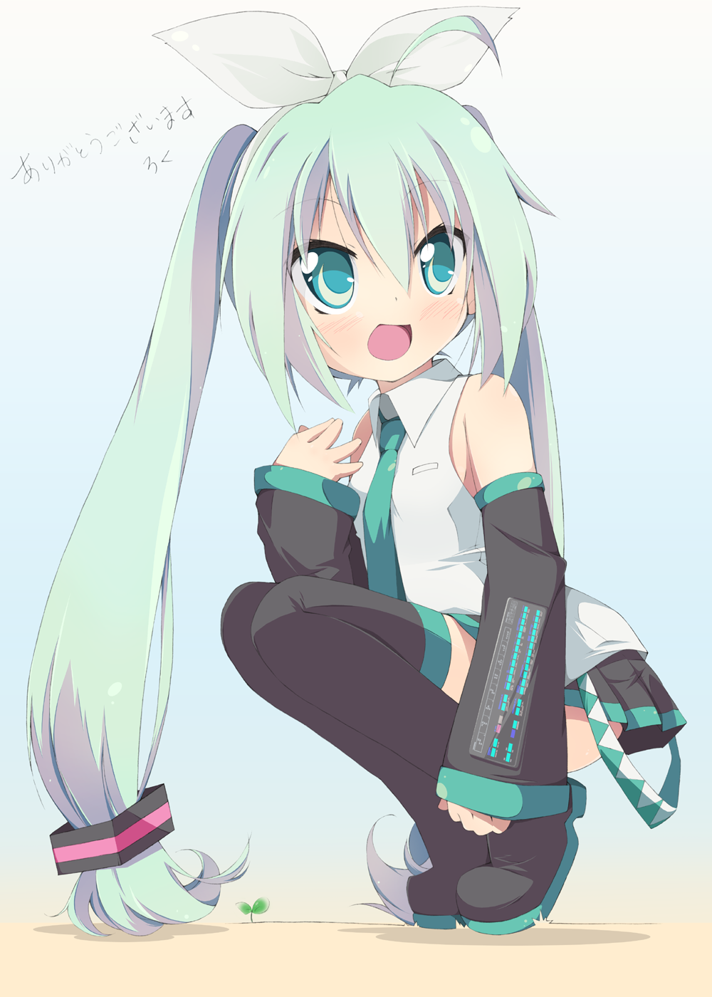 1girl, ahoge, aqua_eyes, aqua_hair, artist_name, blush, boots, detached_sleeves
