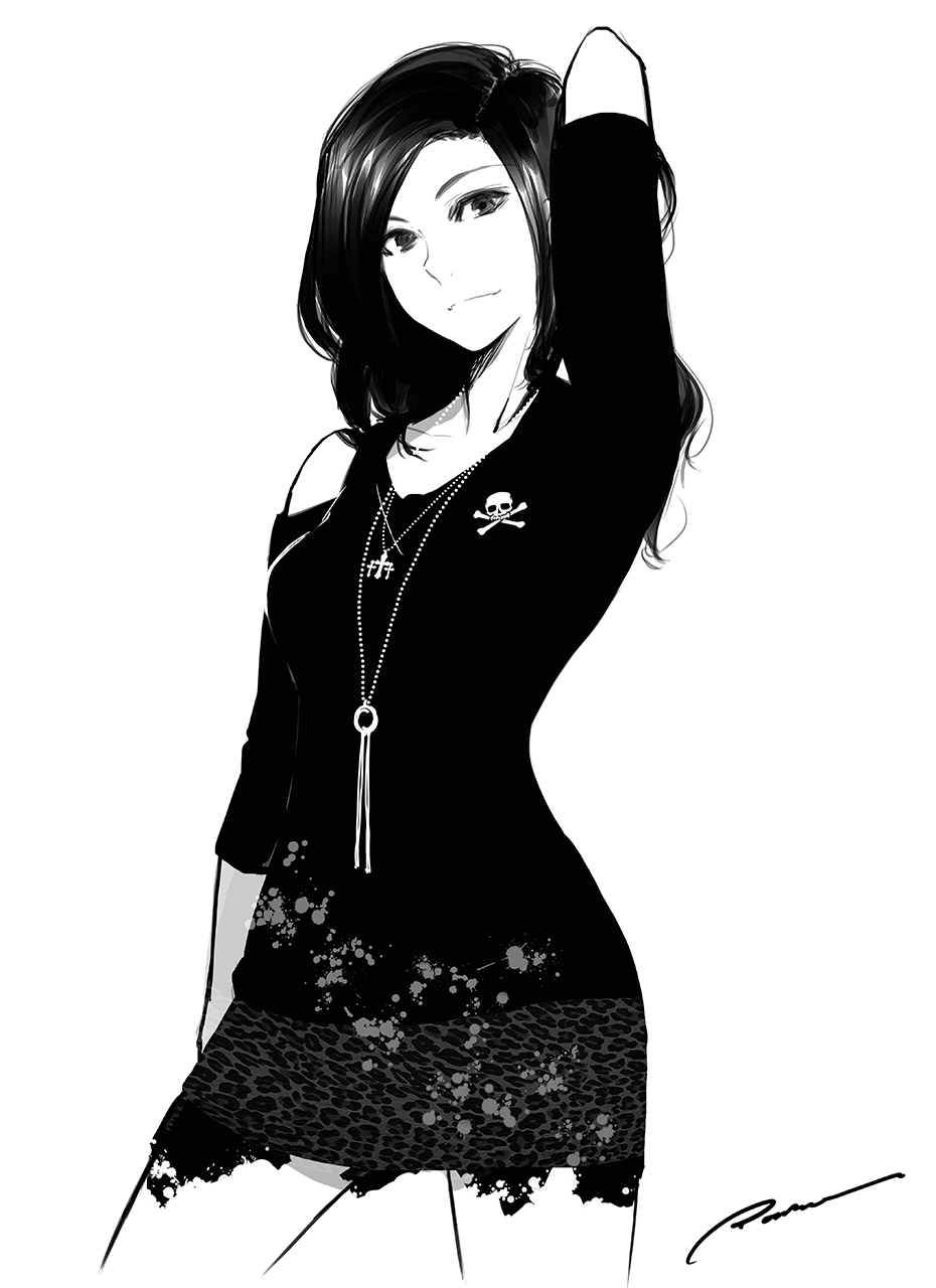 1girl, arm_up, cross, cross_necklace, highres, jewelry, long_hair, looking_at_viewer