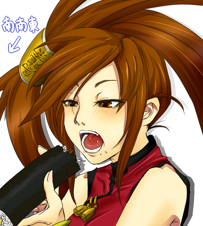 1girl, blush, brown_hair, bust, chinese_clothes, eating, guilty_gear, hair_ornament, hair_ring, kuradoberi_jam, long_hair, makizushi, open_mouth, phallic_symbol, pibiko, sexually_suggestive, solo, sushi, twintails