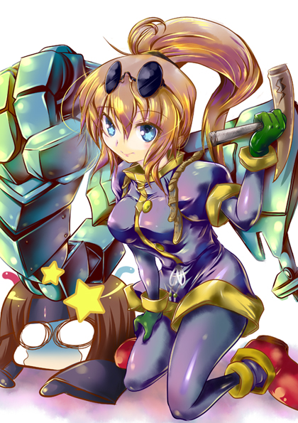 1boy, 1girl, anago_nokona, ashton_anchors, black_legwear, blue_eyes, brown_hair, gloves, headband, long_hair, o_o, pantyhose, ponytail, precis_neumann, shorts, smile, star, star-shaped_pupils, star_ocean, star_ocean_the_second_story, symbol-shaped_pupils, tools