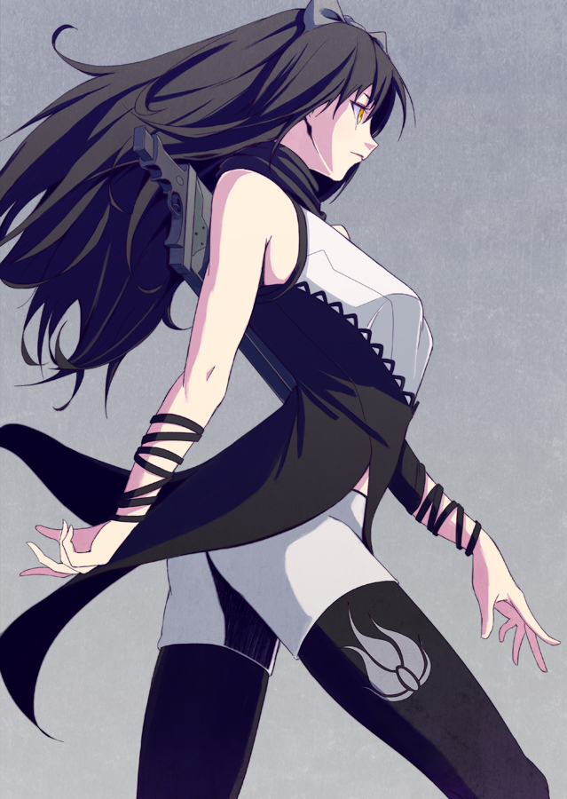 1girl, bare_shoulders, black_hair, blake_belladonna, bow, cleaver, cowboy_shot, gun