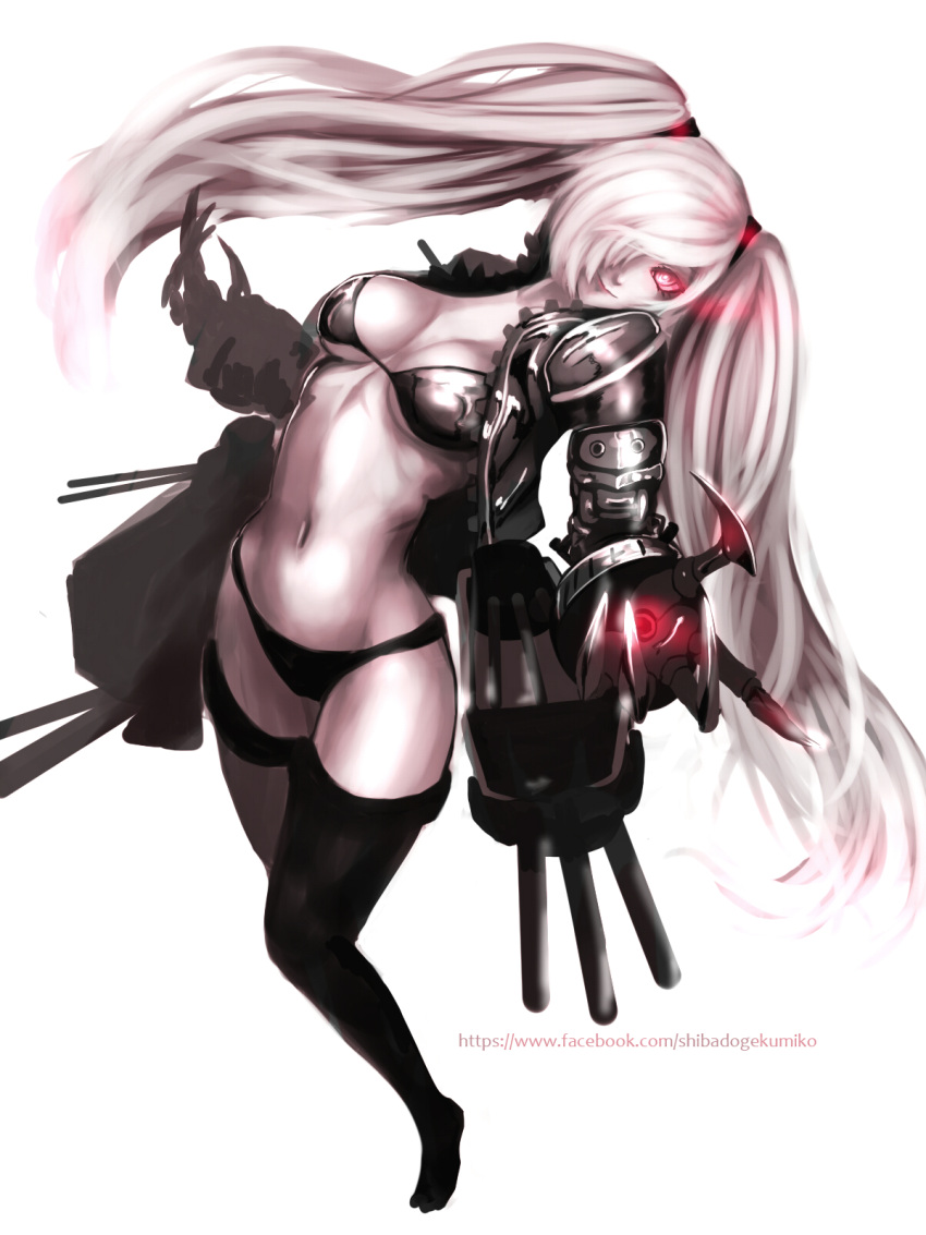 1girl, arched_back, bikini, black_bikini, black_legwear, breasts, cannon, claws