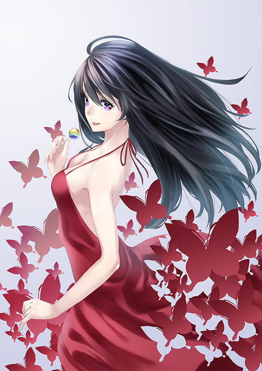 1girl, black_hair, breasts, butterfly, candy, cleavage, dress, kyon_(fuuran)