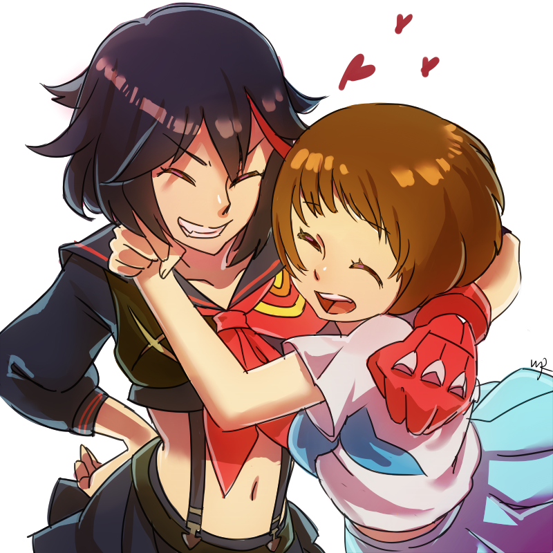 2girls, arm_around_shoulder, arms_around_neck, black_hair, brown_hair, closed_eyes, darkeagle_an, grin